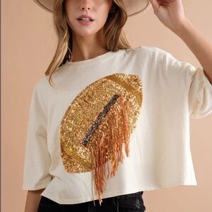 Cream Sequin Fringe Crop Top with Gold Football Motif